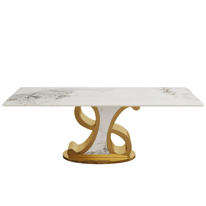 Table à manger en pierre frittée avec base en acier inoxydable pour 8-10 personnes
