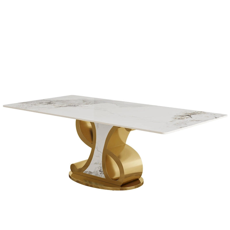 Table à manger en pierre frittée avec base en acier inoxydable pour 8-10 personnes