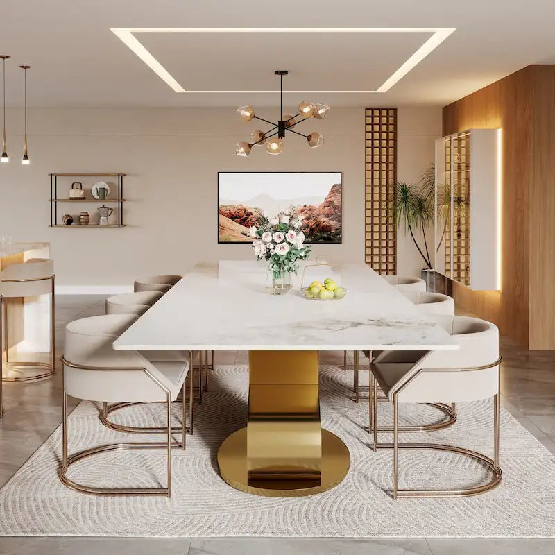 Table à manger en pierre frittée avec base en acier inoxydable pour 8-10 personnes