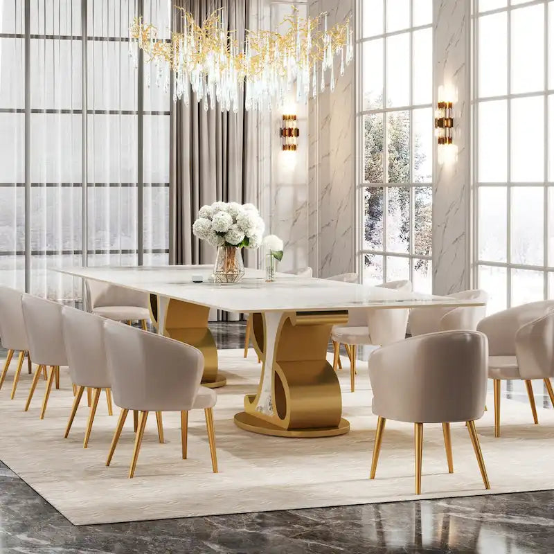 Table à manger en pierre frittée avec base en acier inoxydable pour 8-10 personnes