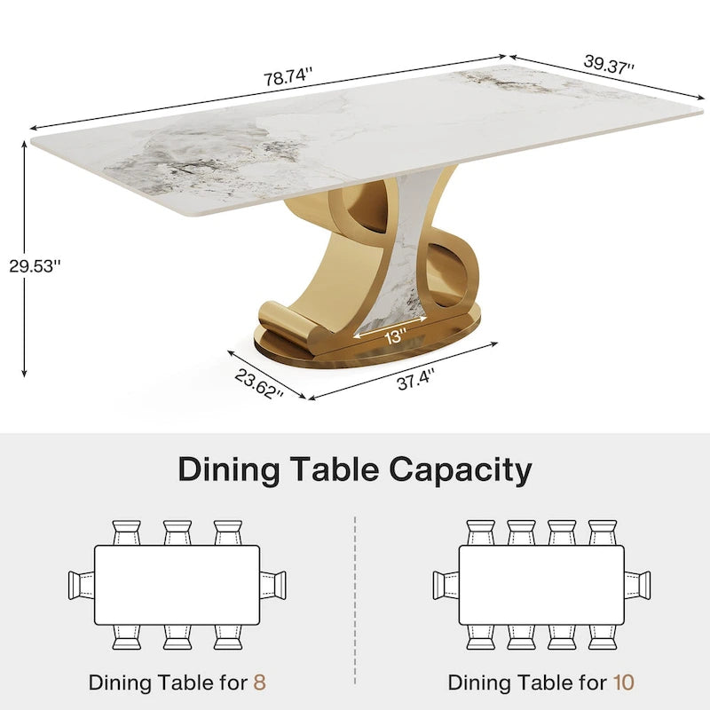 Table à manger en pierre frittée avec base en acier inoxydable pour 8-10 personnes