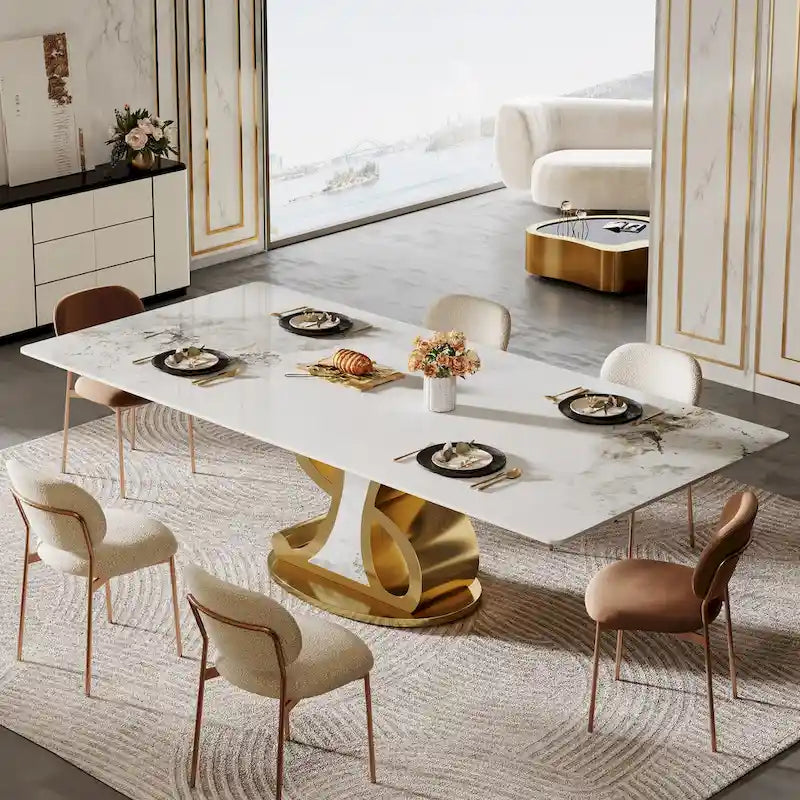 Table à manger en pierre frittée avec base en acier inoxydable pour 8-10 personnes