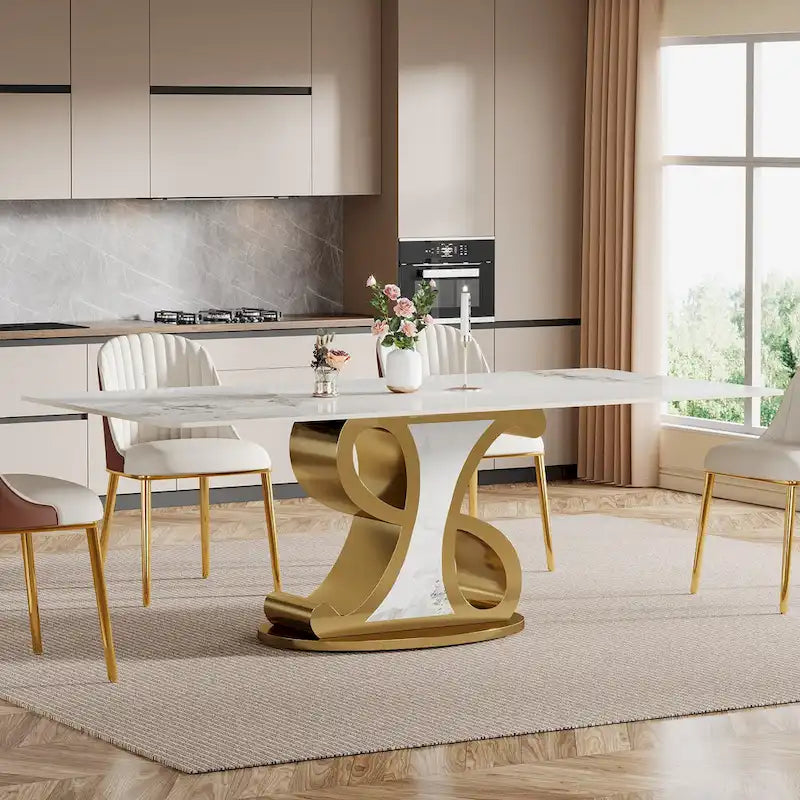 Table à manger en pierre frittée avec base en acier inoxydable pour 8-10 personnes