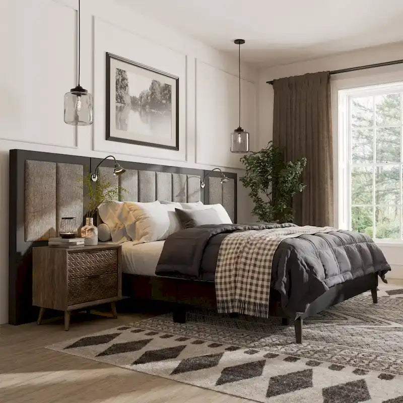 Furniture of America Orelo Modern Dark Brown Extended Wall Panel Bed with Reading Lights