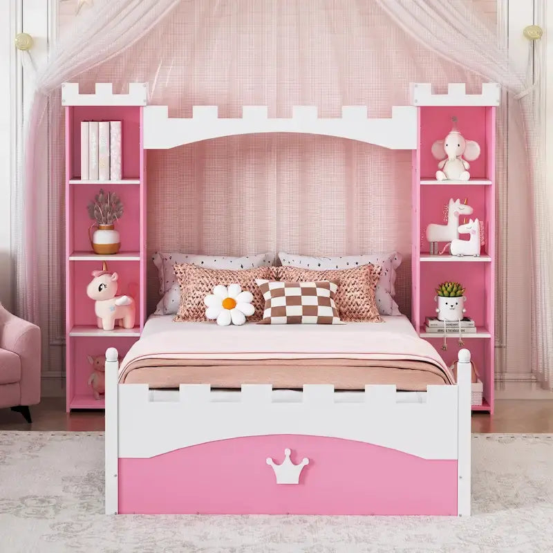 Lit plateforme en bois en forme de château, taille jumelle, avec étagère de rangement pour chambre d'enfant