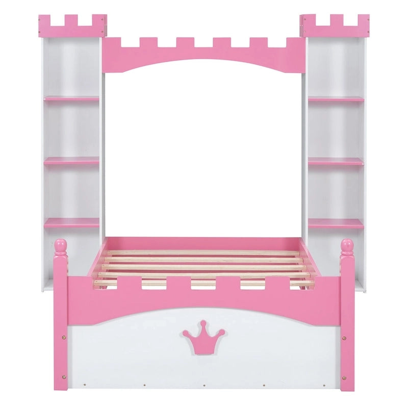 Lit plateforme en bois en forme de château, taille jumelle, avec étagère de rangement pour chambre d'enfant