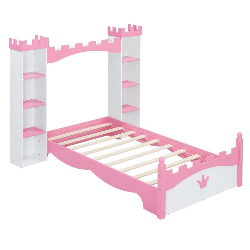 Lit plateforme en bois en forme de château, taille jumelle, avec étagère de rangement pour chambre d'enfant