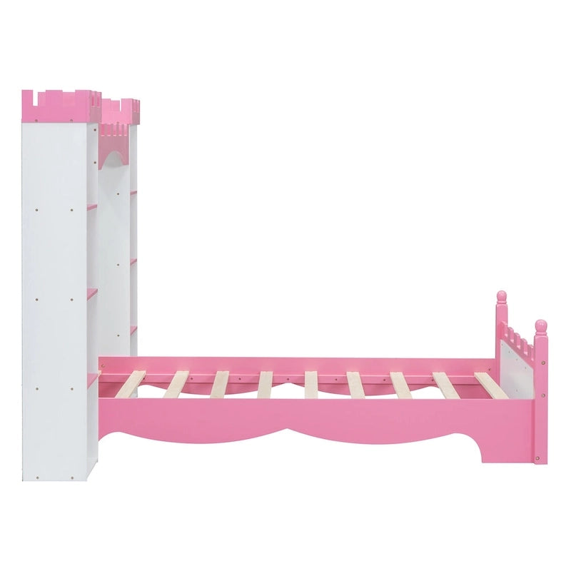 Lit plateforme en bois en forme de château, taille jumelle, avec étagère de rangement pour chambre d'enfant