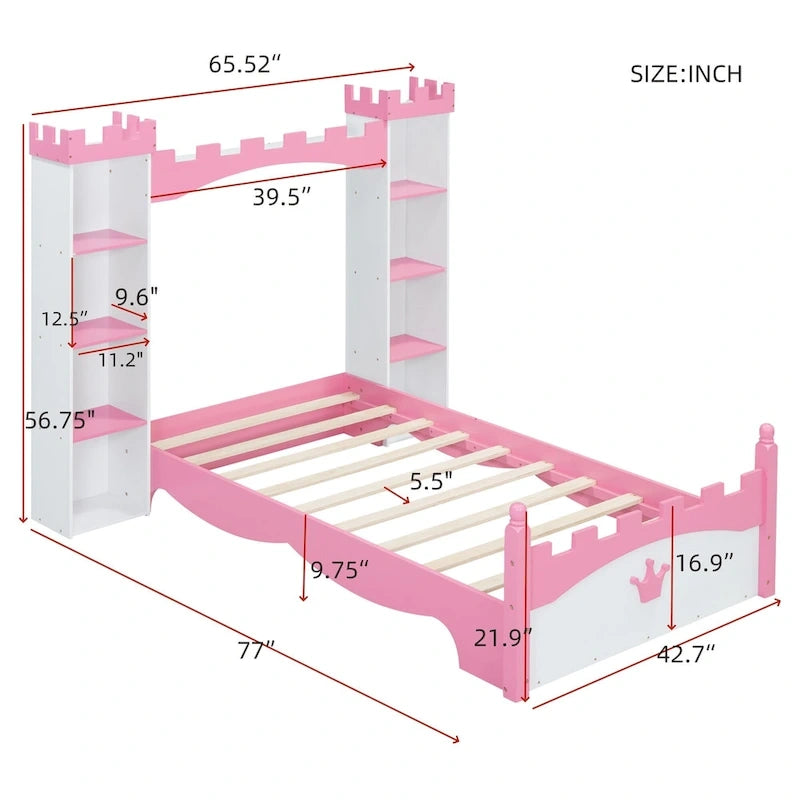 Lit plateforme en bois en forme de château, taille jumelle, avec étagère de rangement pour chambre d'enfant