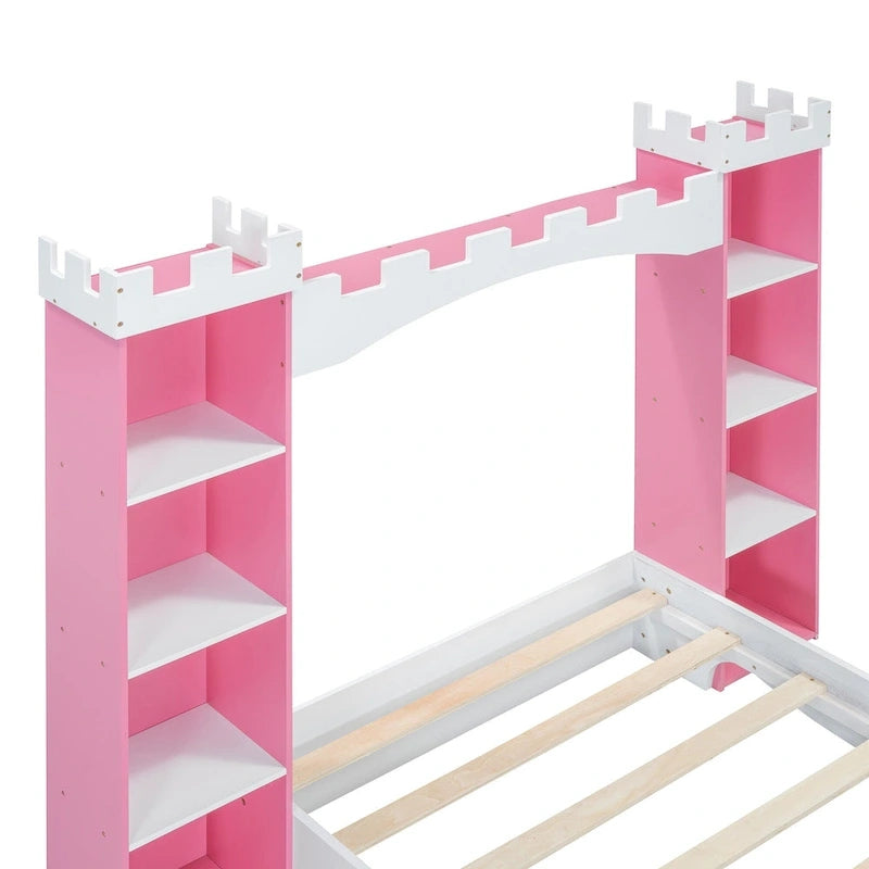 Lit plateforme en bois en forme de château, taille jumelle, avec étagère de rangement pour chambre d'enfant