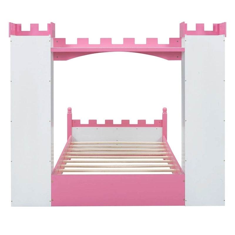 Lit plateforme en bois en forme de château, taille jumelle, avec étagère de rangement pour chambre d'enfant