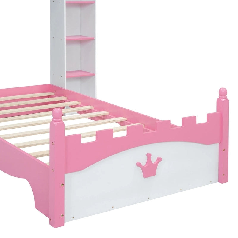 Lit plateforme en bois en forme de château, taille jumelle, avec étagère de rangement pour chambre d'enfant