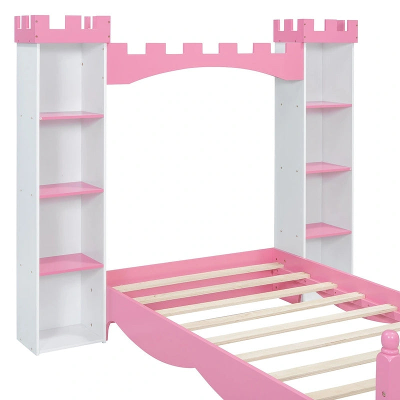 Lit plateforme en bois en forme de château, taille jumelle, avec étagère de rangement pour chambre d'enfant