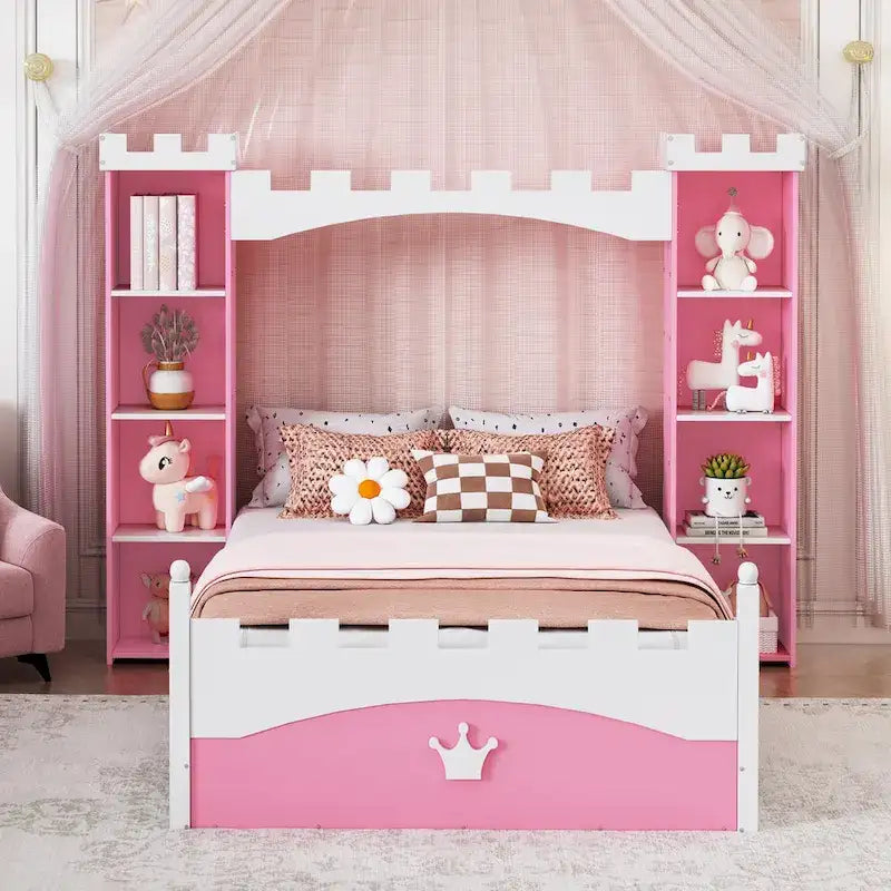 Lit plateforme en bois en forme de château, taille jumelle, avec étagère de rangement pour chambre d'enfant