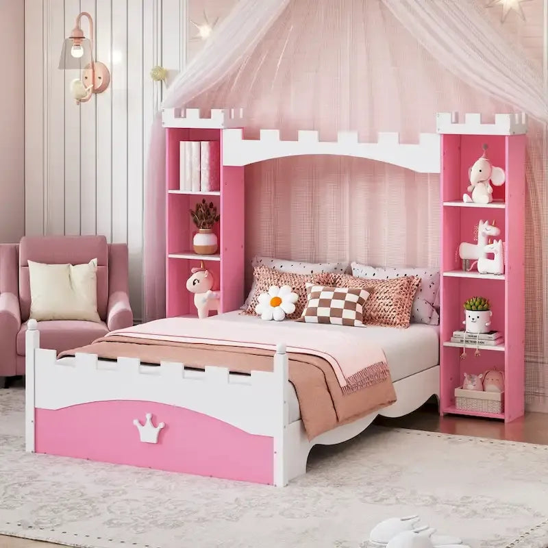 Lit plateforme en bois en forme de château, taille jumelle, avec étagère de rangement pour chambre d'enfant