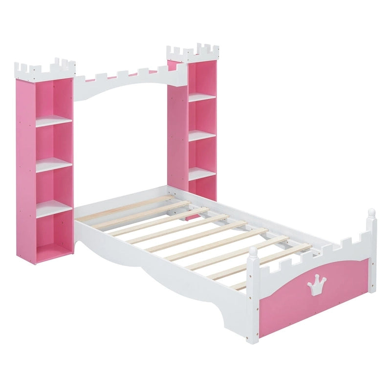 Lit plateforme en bois en forme de château, taille jumelle, avec étagère de rangement pour chambre d'enfant