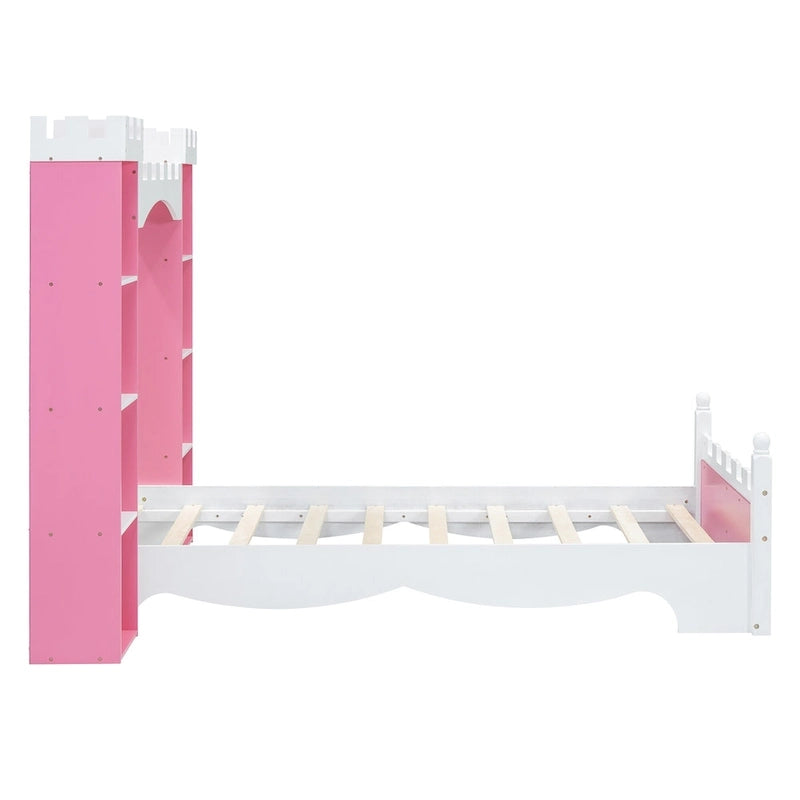 Lit plateforme en bois en forme de château, taille jumelle, avec étagère de rangement pour chambre d'enfant