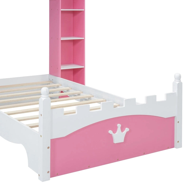 Lit plateforme en bois en forme de château, taille jumelle, avec étagère de rangement pour chambre d'enfant