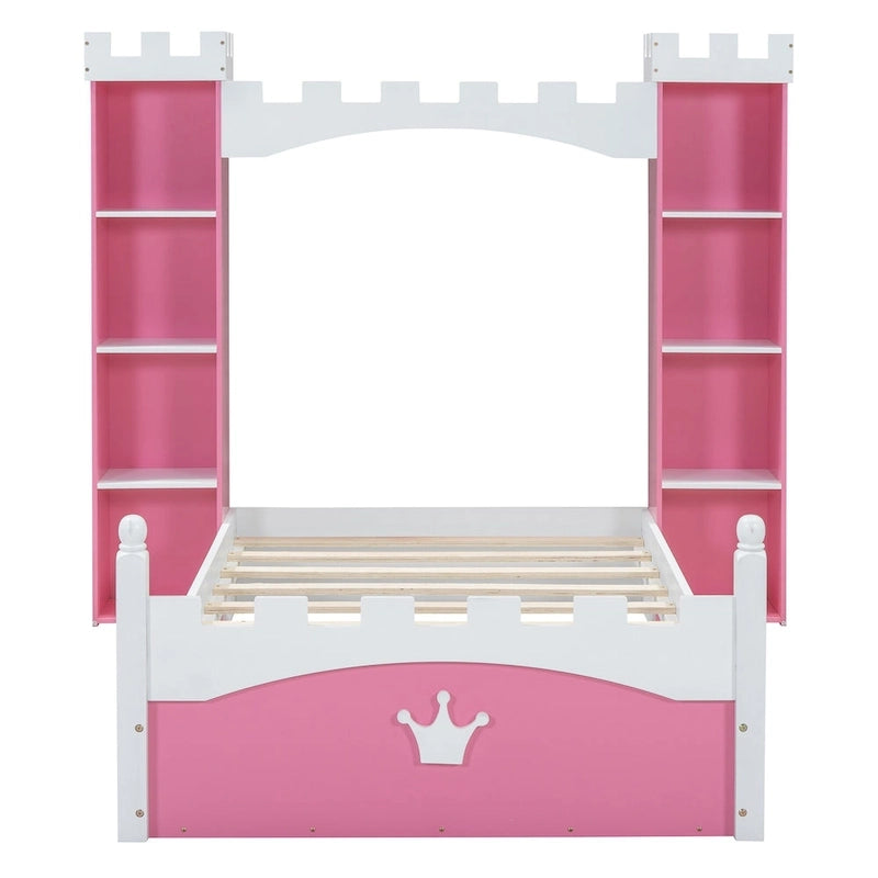 Lit plateforme en bois en forme de château, taille jumelle, avec étagère de rangement pour chambre d'enfant