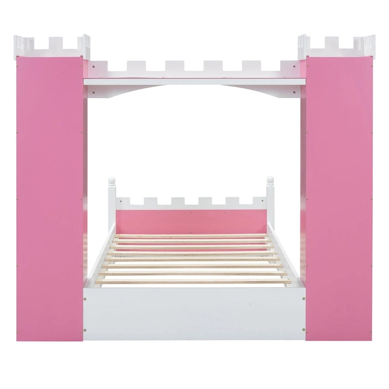 Lit plateforme en bois en forme de château, taille jumelle, avec étagère de rangement pour chambre d'enfant