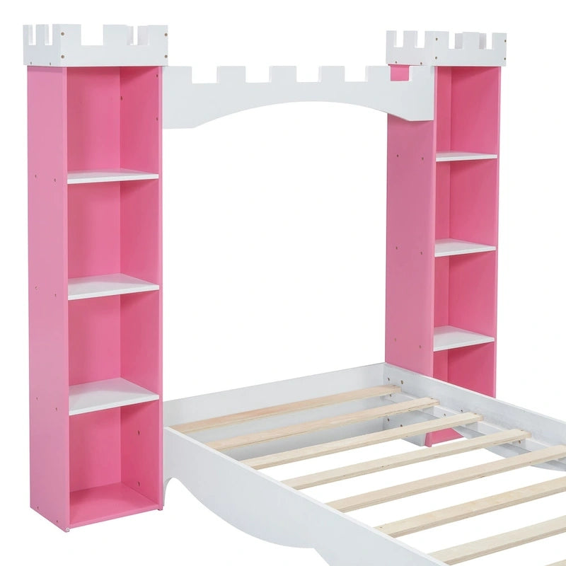 Lit plateforme en bois en forme de château, taille jumelle, avec étagère de rangement pour chambre d'enfant