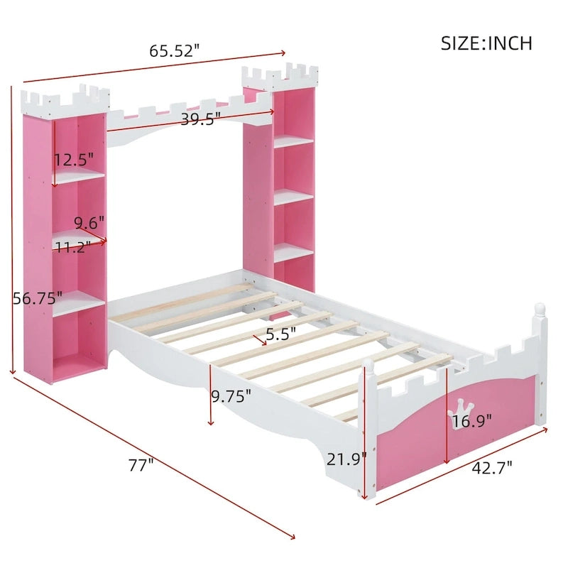Lit plateforme en bois en forme de château, taille jumelle, avec étagère de rangement pour chambre d'enfant