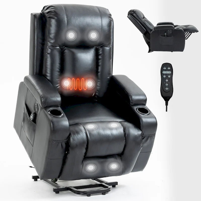 Fauteuil inclinable électrique noir avec fonction de massage par vibration, adapté aux personnes âgées