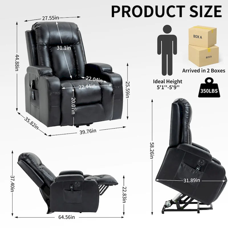 Fauteuil inclinable électrique noir avec fonction de massage par vibration, adapté aux personnes âgées