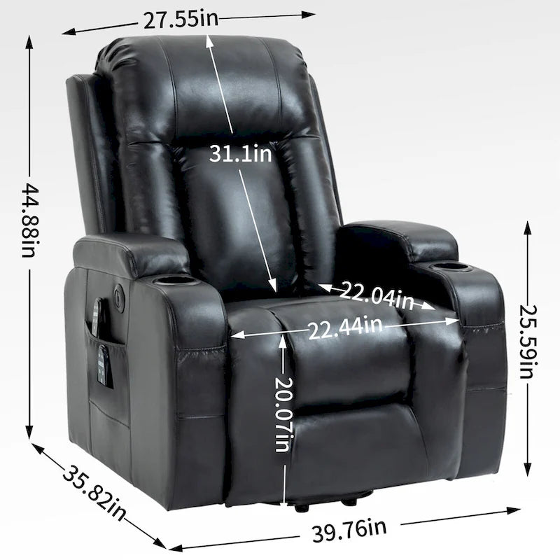 Fauteuil inclinable électrique noir avec fonction de massage par vibration, adapté aux personnes âgées