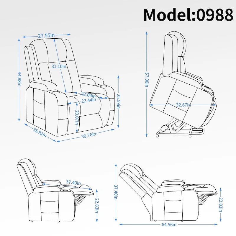 Fauteuil inclinable électrique noir avec fonction de massage par vibration, adapté aux personnes âgées