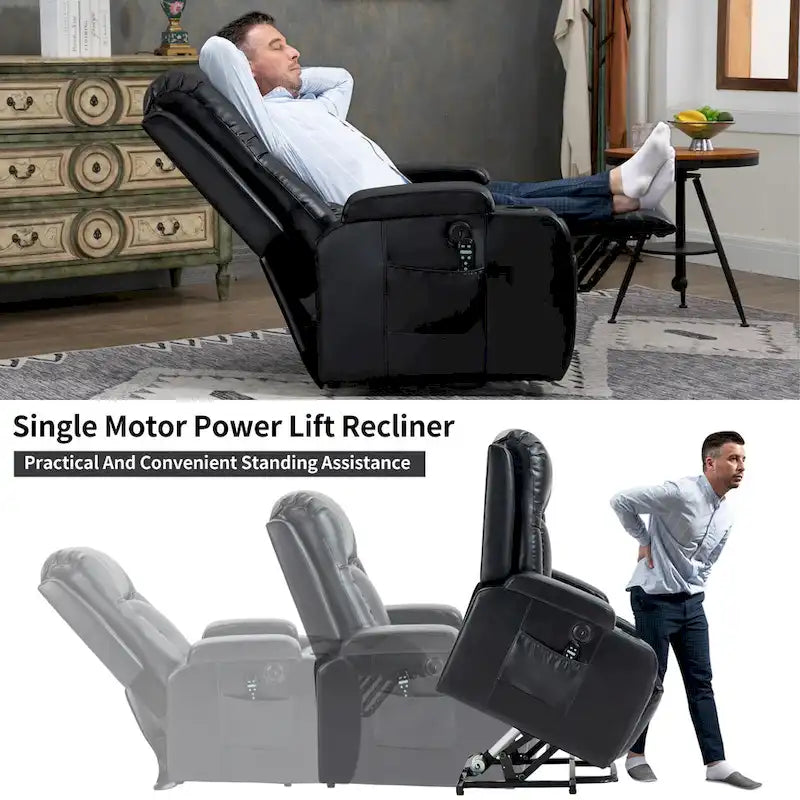 Fauteuil inclinable électrique noir avec fonction de massage par vibration, adapté aux personnes âgées