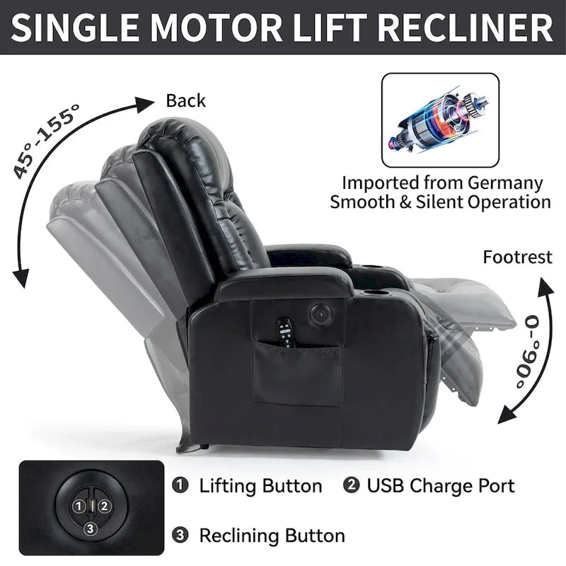 Fauteuil inclinable électrique noir avec fonction de massage par vibration, adapté aux personnes âgées
