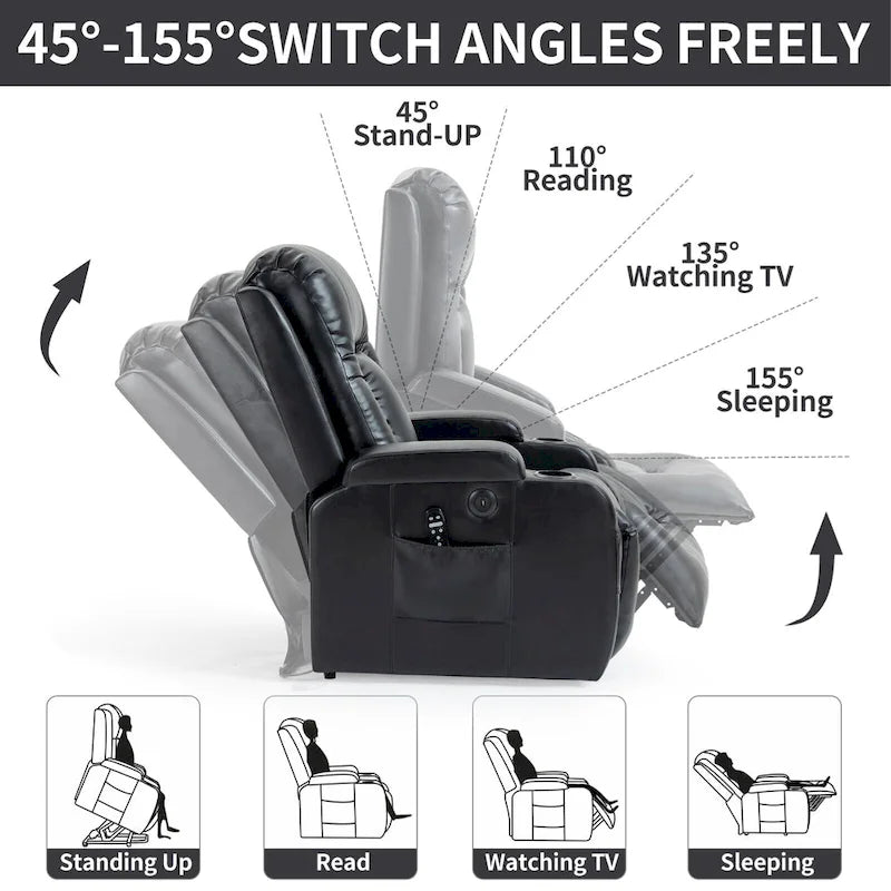 Fauteuil inclinable électrique noir avec fonction de massage par vibration, adapté aux personnes âgées