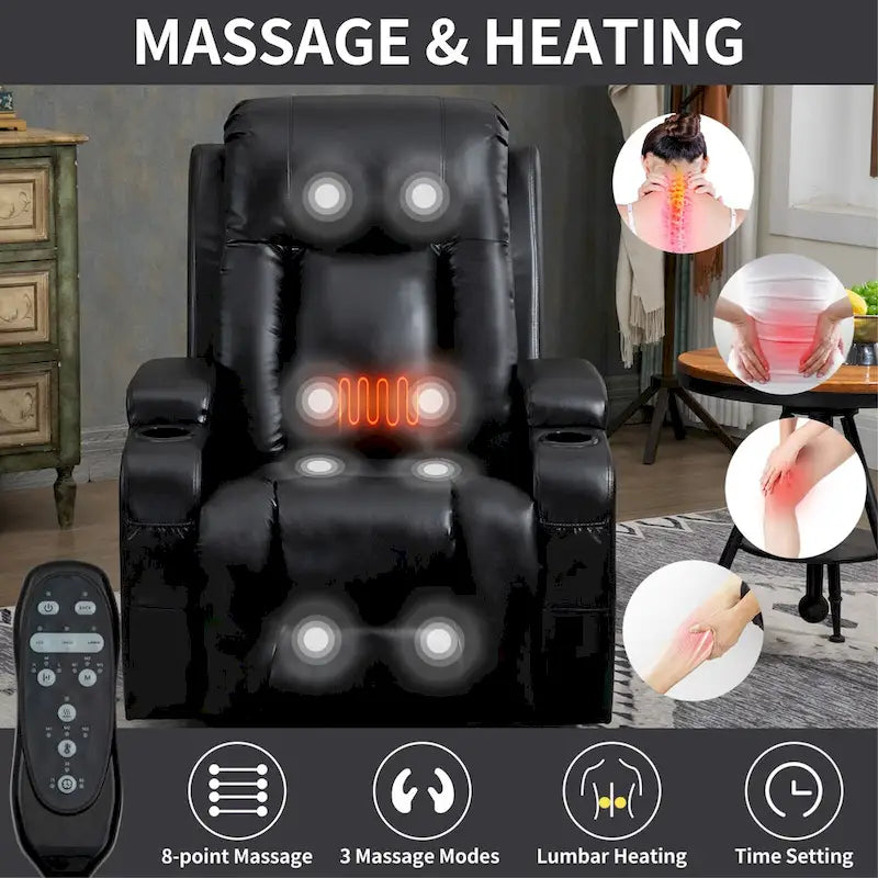 Fauteuil inclinable électrique noir avec fonction de massage par vibration, adapté aux personnes âgées