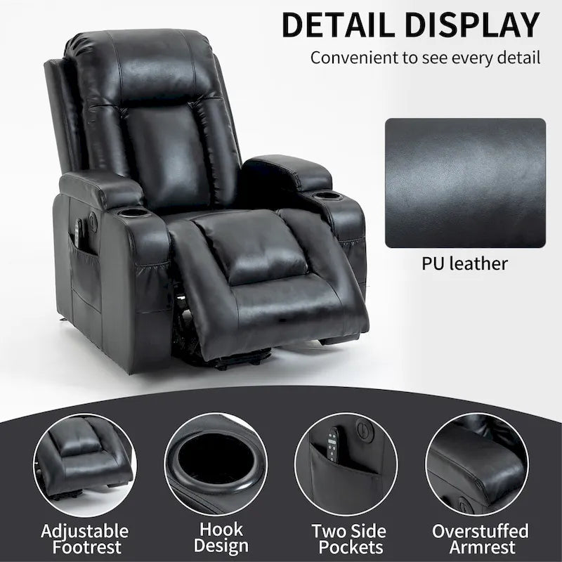 Fauteuil inclinable électrique noir avec fonction de massage par vibration, adapté aux personnes âgées