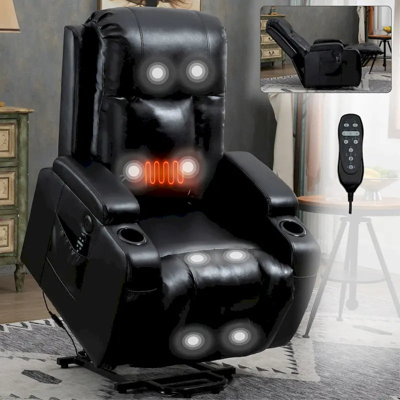 Fauteuil inclinable électrique noir avec fonction de massage par vibration, adapté aux personnes âgées