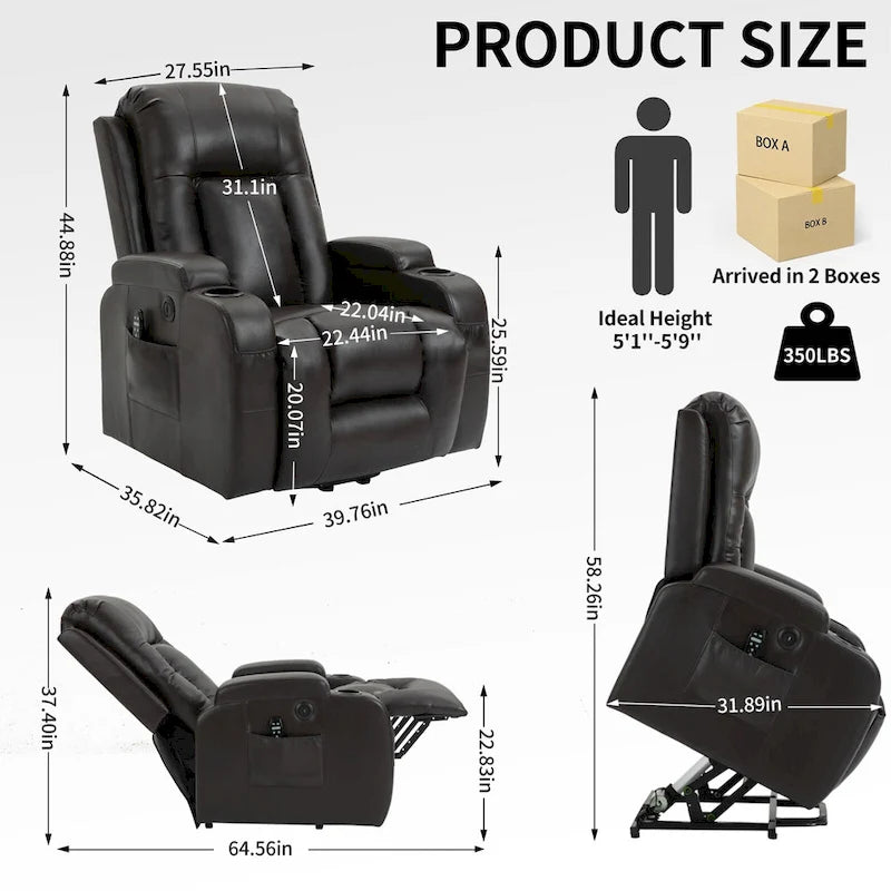 Fauteuil inclinable électrique noir avec fonction de massage par vibration, adapté aux personnes âgées