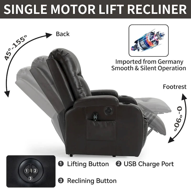 Fauteuil inclinable électrique noir avec fonction de massage par vibration, adapté aux personnes âgées