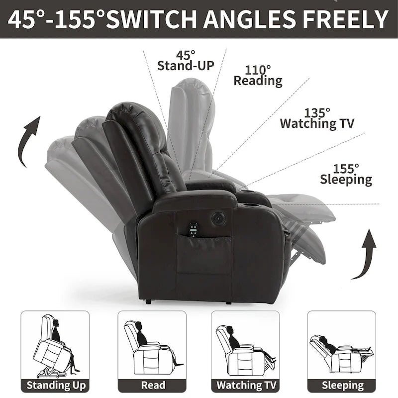 Fauteuil inclinable électrique noir avec fonction de massage par vibration, adapté aux personnes âgées