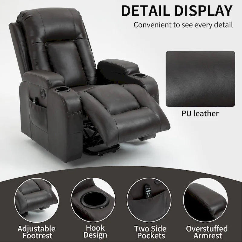 Fauteuil inclinable électrique noir avec fonction de massage par vibration, adapté aux personnes âgées
