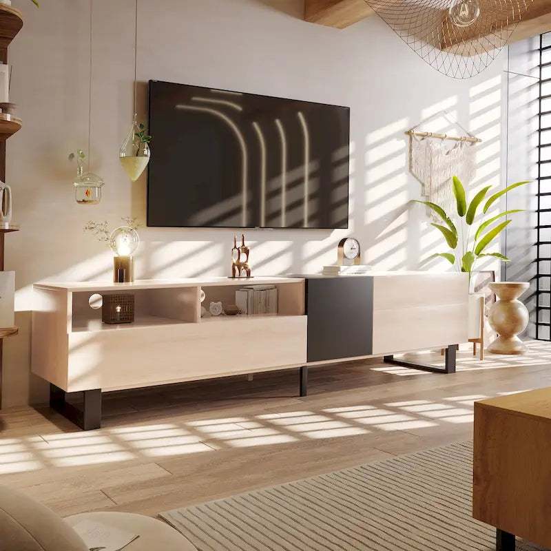 Meuble TV moderne pour téléviseur 80 pouces avec double espace de rangement