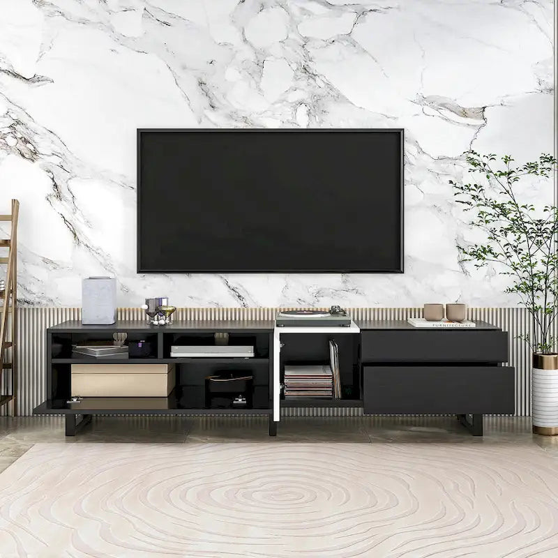 Meuble TV moderne pour téléviseur 80 pouces avec double espace de rangement