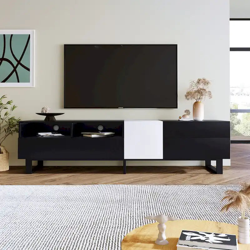 Meuble TV moderne pour téléviseur 80 pouces avec double espace de rangement