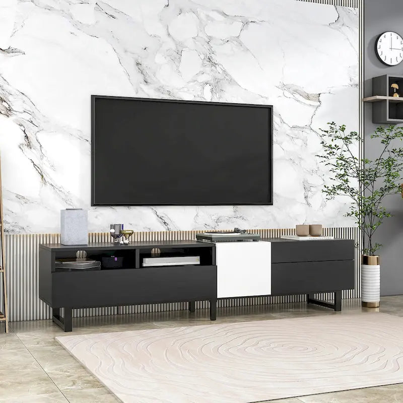 Meuble TV moderne pour téléviseur 80 pouces avec double espace de rangement