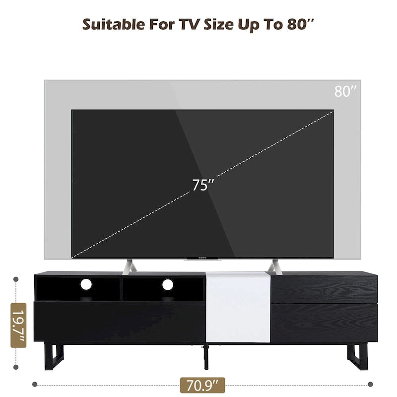 Meuble TV moderne pour téléviseur 80 pouces avec double espace de rangement