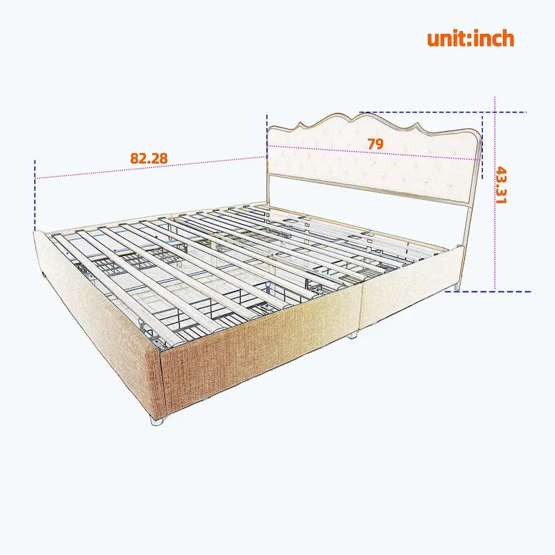 Lit plateforme élégant avec quatre tiroirs de rangement