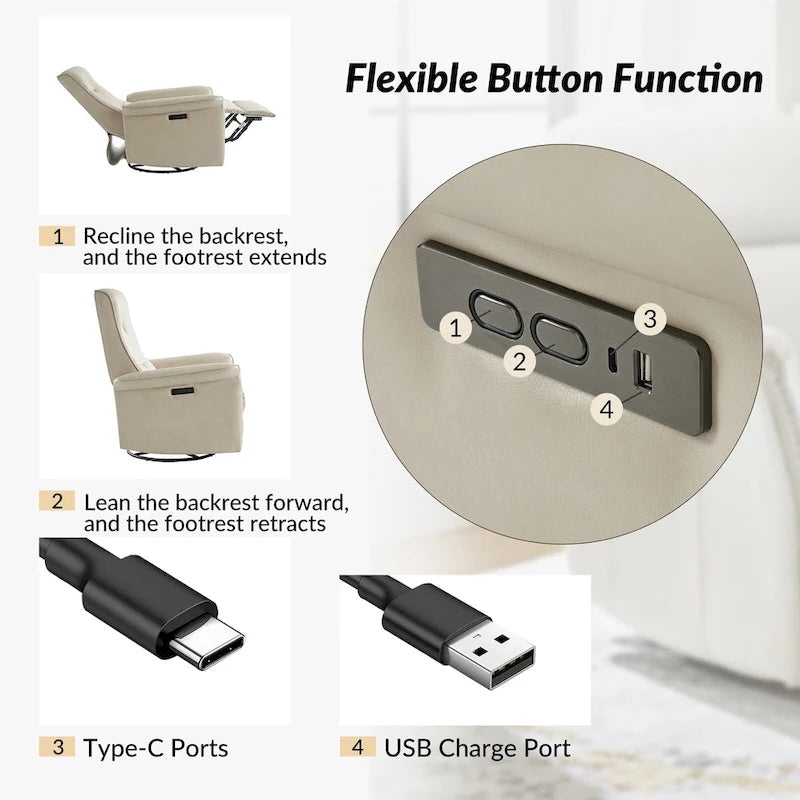 Fauteuil inclinable électrique pivotant en similicuir moderne avec ports USB