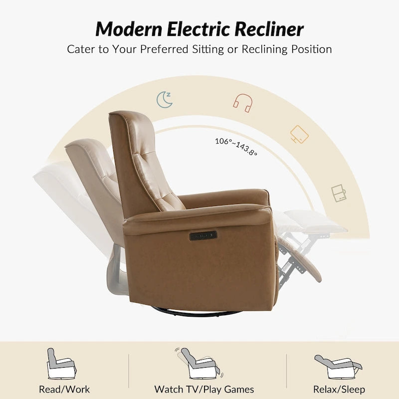 Fauteuil inclinable électrique pivotant en similicuir moderne avec ports USB