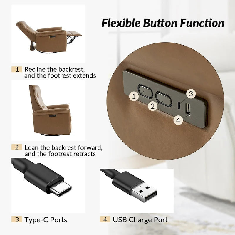 Fauteuil inclinable électrique pivotant en similicuir moderne avec ports USB