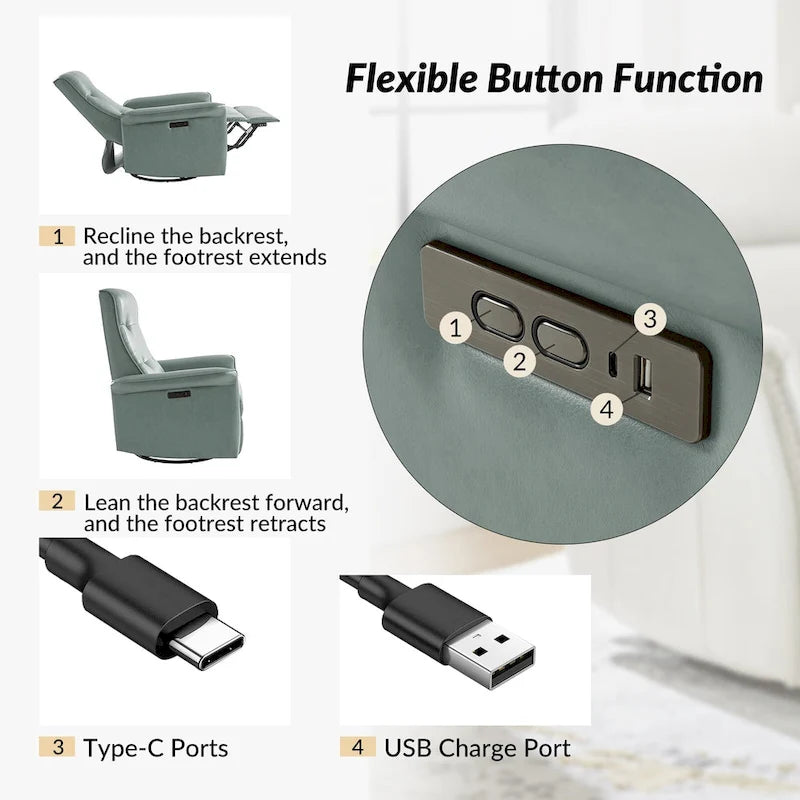 Fauteuil inclinable électrique pivotant en similicuir moderne avec ports USB